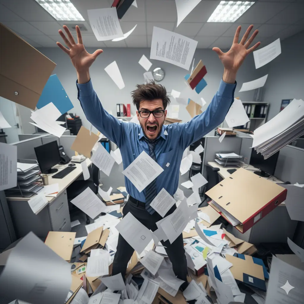 Stress au travail - Un collaborateur débordé par la paperasse, illustration du besoin de solutions QVT en entreprise